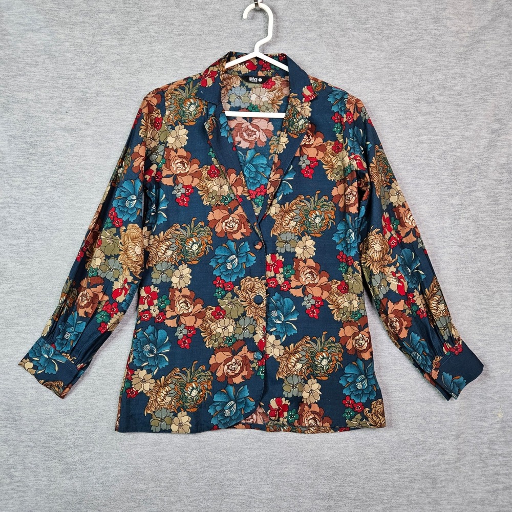 Indya Women Teal Blue Floral Rayon Blend Blazer Blouse Top Size S